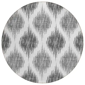 8' Gray Ivory And Charcoal Round Ikat Washable Indoor Outdoor Area Rug