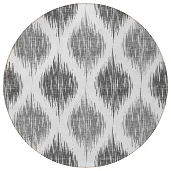 8' Gray Ivory And Charcoal Round Ikat Washable Indoor Outdoor Area Rug