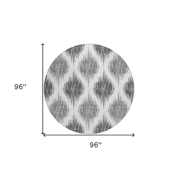 8' Gray Ivory And Charcoal Round Ikat Washable Indoor Outdoor Area Rug