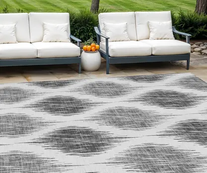 8' X 10' Gray Ivory And Charcoal Ikat Washable Indoor Outdoor Area Rug