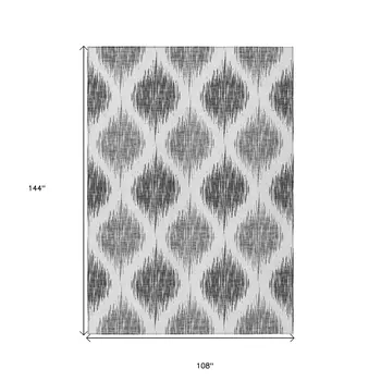 9' X 12' Gray Ivory And Charcoal Ikat Washable Indoor Outdoor Area Rug