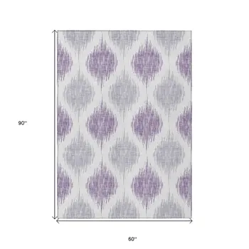 5' X 8' Lavender Purple And Ivory Ikat Washable Indoor Outdoor Area Rug