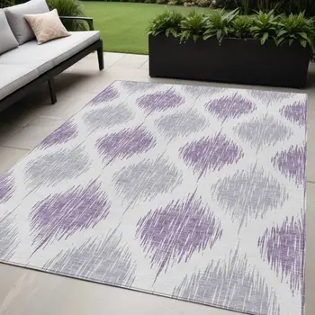 5' X 8' Lavender Purple And Ivory Ikat Washable Indoor Outdoor Area Rug