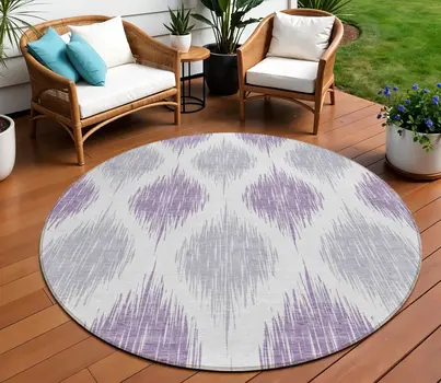 8' Lavender Purple And Ivory Round Ikat Washable Indoor Outdoor Area Rug
