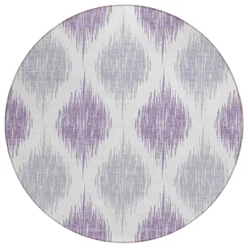8' Lavender Purple And Ivory Round Ikat Washable Indoor Outdoor Area Rug