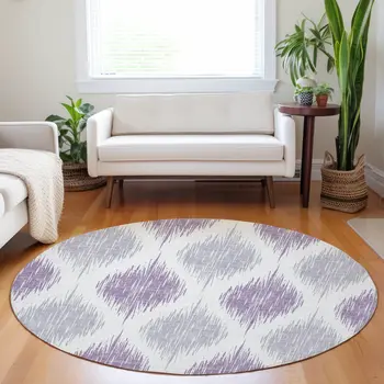 8' Lavender Purple And Ivory Round Ikat Washable Indoor Outdoor Area Rug
