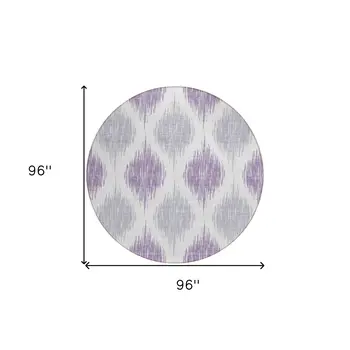 8' Lavender Purple And Ivory Round Ikat Washable Indoor Outdoor Area Rug