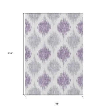 8' X 10' Lavender Purple And Ivory Ikat Washable Indoor Outdoor Area Rug