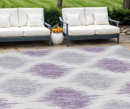 8' X 10' Lavender Purple And Ivory Ikat Washable Indoor Outdoor Area Rug