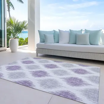 8' X 10' Lavender Purple And Ivory Ikat Washable Indoor Outdoor Area Rug