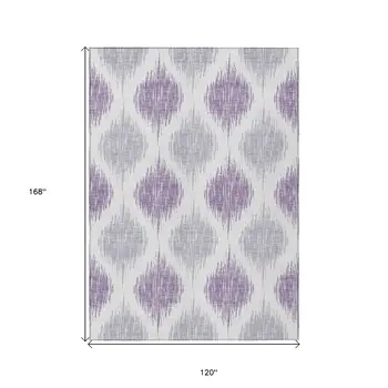 10' X 14' Lavender Purple And Ivory Ikat Washable Indoor Outdoor Area Rug