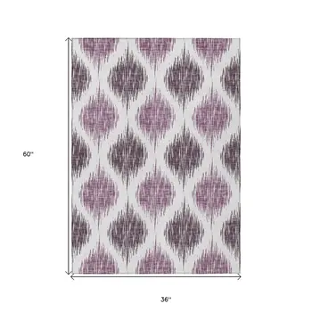3' X 5' Purple Plum And Ivory Ikat Washable Indoor Outdoor Area Rug
