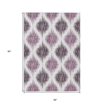 5' X 8' Purple Plum And Ivory Ikat Washable Indoor Outdoor Area Rug