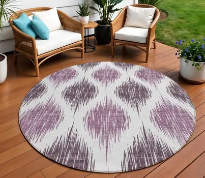 8' Purple Plum And Ivory Round Ikat Washable Indoor Outdoor Area Rug