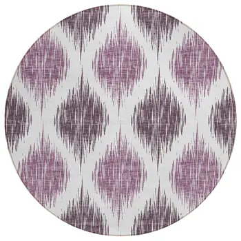 8' Purple Plum And Ivory Round Ikat Washable Indoor Outdoor Area Rug
