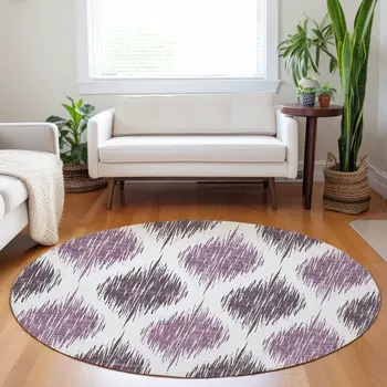 8' Purple Plum And Ivory Round Ikat Washable Indoor Outdoor Area Rug