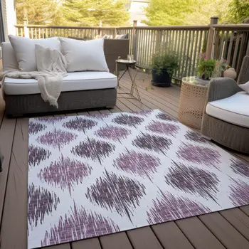8' X 10' Purple Plum And Ivory Ikat Washable Indoor Outdoor Area Rug