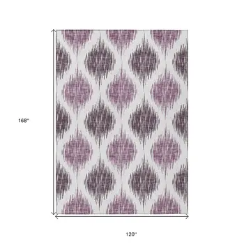 10' X 14' Purple Plum And Ivory Ikat Washable Indoor Outdoor Area Rug