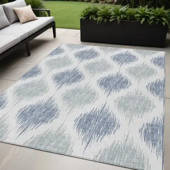 5' X 8' Sky Blue Ivory And Denim Blue Ikat Washable Indoor Outdoor Area Rug