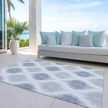 5' X 8' Sky Blue Ivory And Denim Blue Ikat Washable Indoor Outdoor Area Rug