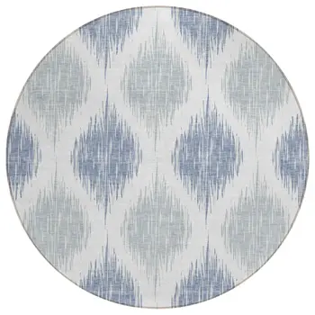 8' Sky Blue Ivory And Denim Blue Round Ikat Washable Indoor Outdoor Area Rug