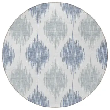 8' Sky Blue Ivory And Denim Blue Round Ikat Washable Indoor Outdoor Area Rug