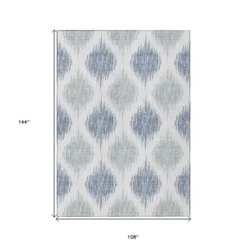 9' X 12' Sky Blue Ivory And Denim Blue Ikat Washable Indoor Outdoor Area Rug