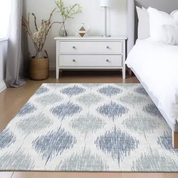 9' X 12' Sky Blue Ivory And Denim Blue Ikat Washable Indoor Outdoor Area Rug