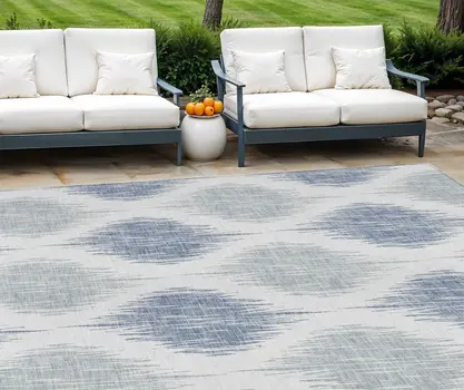 10' X 14' Sky Blue Ivory And Denim Blue Ikat Washable Indoor Outdoor Area Rug