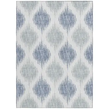 10' X 14' Sky Blue Ivory And Denim Blue Ikat Washable Indoor Outdoor Area Rug
