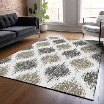 5' X 8' Taupe Ivory And Brown Ikat Washable Indoor Outdoor Area Rug
