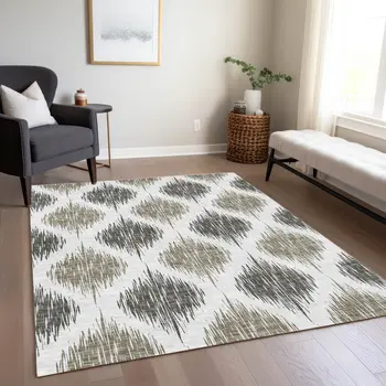 5' X 8' Taupe Ivory And Brown Ikat Washable Indoor Outdoor Area Rug