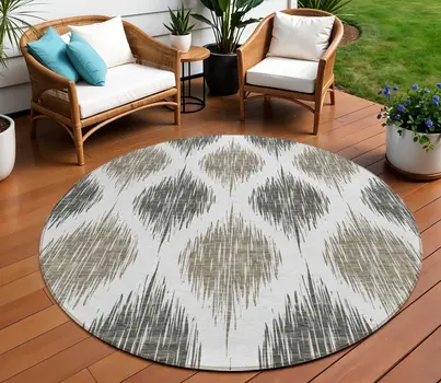 8' Taupe Ivory And Brown Round Ikat Washable Indoor Outdoor Area Rug