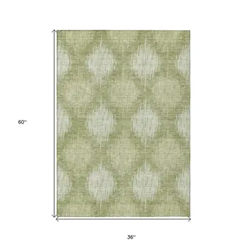 3' X 5' Artichoke Green And Fern Green Ikat Washable Indoor Outdoor Area Rug
