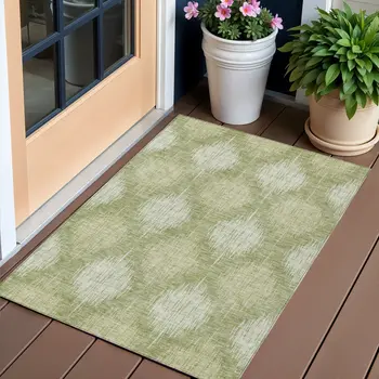 3' X 5' Artichoke Green And Fern Green Ikat Washable Indoor Outdoor Area Rug