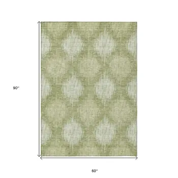 5' X 8' Artichoke Green And Fern Green Ikat Washable Indoor Outdoor Area Rug