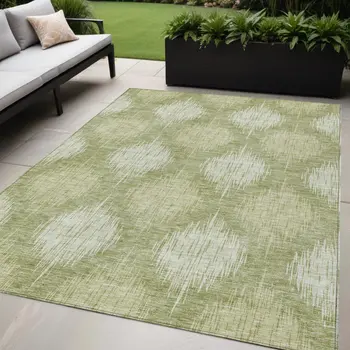5' X 8' Artichoke Green And Fern Green Ikat Washable Indoor Outdoor Area Rug