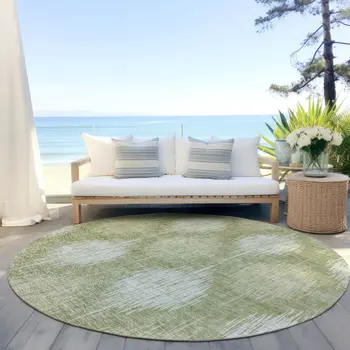8' Artichoke Green And Fern Green Round Ikat Washable Indoor Outdoor Area Rug