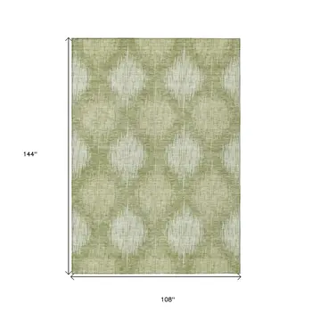 9' X 12' Artichoke Green And Fern Green Ikat Washable Indoor Outdoor Area Rug