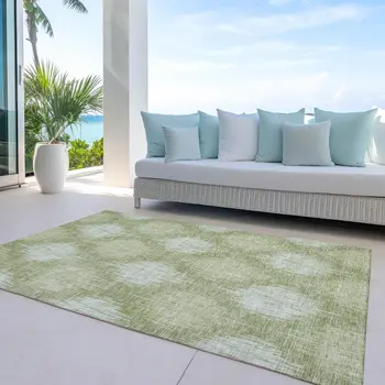 9' X 12' Artichoke Green And Fern Green Ikat Washable Indoor Outdoor Area Rug