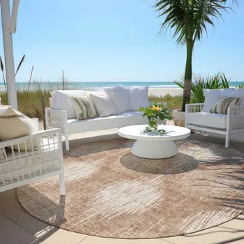 8' Coral And Terra Cotta Round Ikat Washable Indoor Outdoor Area Rug