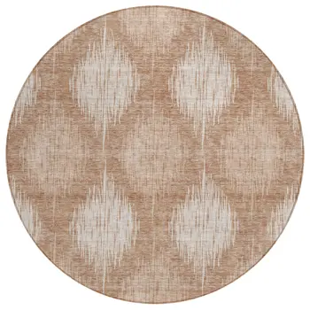 8' Coral And Terra Cotta Round Ikat Washable Indoor Outdoor Area Rug