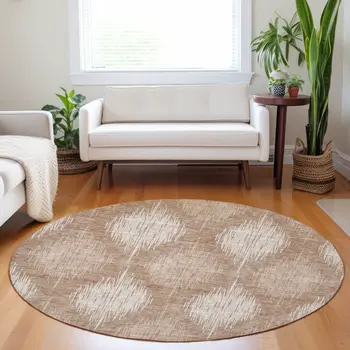 8' Coral And Terra Cotta Round Ikat Washable Indoor Outdoor Area Rug