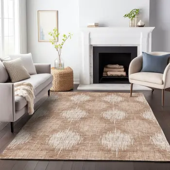 10' X 14' Coral And Terra Cotta Ikat Washable Indoor Outdoor Area Rug