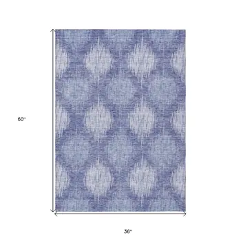 3' X 5' Denim Blue And Sky Blue Ikat Washable Indoor Outdoor Area Rug