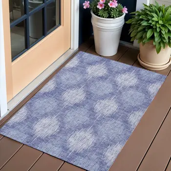 3' X 5' Denim Blue And Sky Blue Ikat Washable Indoor Outdoor Area Rug