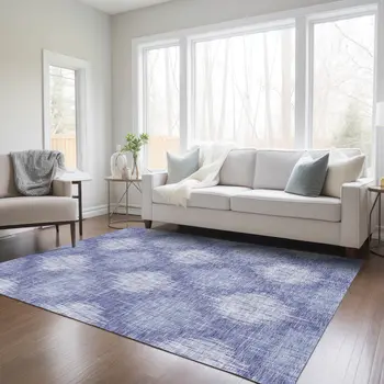 3' X 5' Denim Blue And Sky Blue Ikat Washable Indoor Outdoor Area Rug