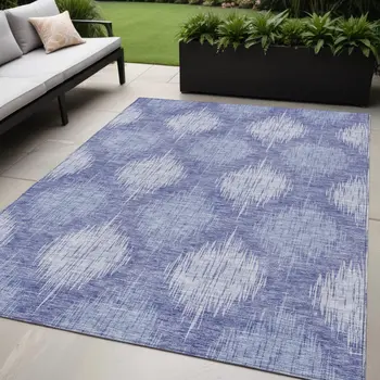 5' X 8' Denim Blue And Sky Blue Ikat Washable Indoor Outdoor Area Rug