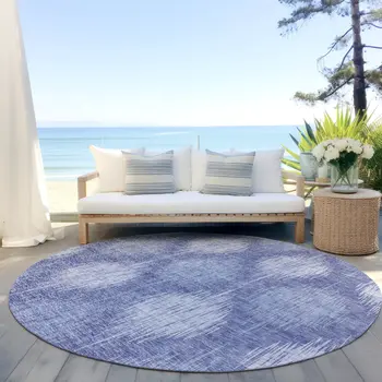 8' Denim Blue And Sky Blue Round Ikat Washable Indoor Outdoor Area Rug