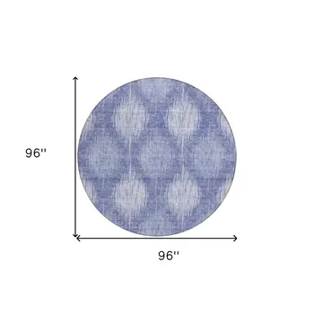 8' Denim Blue And Sky Blue Round Ikat Washable Indoor Outdoor Area Rug